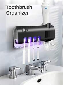 1 pieza Esterilizador inteligente de cepillo de dientes negro, soporte para cepillo de dientes montado en la pared sin taladro, exprimidor automático de pasta de dientes multifuncional con carga USB, conjunto para el baño que puede contener 4 cepillos de dientes y un tubo de pasta, adecuado para baños, dormitorios y decoración del hogar. Decoración de baño en casa para el verano - Negro - Ver 1