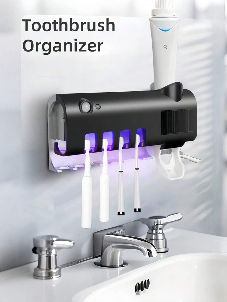 1 pieza Esterilizador inteligente de cepillo de dientes negro, soporte para cepillo de dientes montado en la pared sin taladro, exprimidor automático de pasta de dientes multifuncional con carga USB, conjunto para el baño que puede contener 4 cepillos de dientes y un tubo de pasta, adecuado para baños, dormitorios y decoración del hogar. Decoración de baño en casa para el verano - Negro - Ver 1