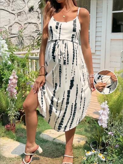 SHEIN 带吊带的哺乳连衣裙，数码印花，松紧腰带，双层设计，提升底部，侧开衩，弧形下摆