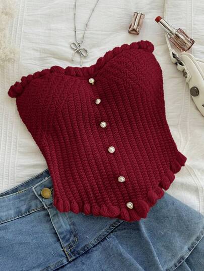 Soleia 大码女式春夏白色针织抹胸，配珍珠纽扣，浪漫分层