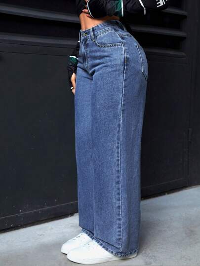 SHEIN PETITE Jeans casuales de ajuste recto con forro térmico de unicolor para mujeres, jeans de mezclilla engrosados para el Día de Acción de Gracias y Navidad