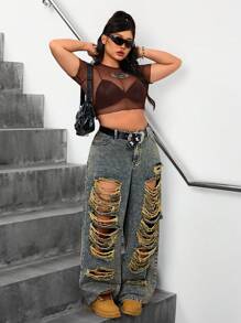 SHEIN ICON Plus Size Women Pocketed Distressed Wide Leg Loose Casual Versatile Denim Jeans - Blue - View 5