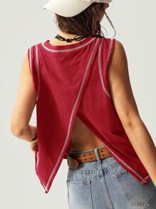 Bohemela Plain Knitted Loose Relaxed Women's Tank Top - Burgundy - View 5