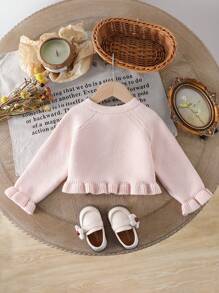 SHEIN Vintaside Kids Baby Girls Ruffle Sleeve Cardigans, White Comfy Long Sleeve Round Neck Sweater Jacket, Elegant Fashion Everyday Casual Outerwear Suitable For Autumn/Winter, Home, Outings, Vacation - Pink - View 2