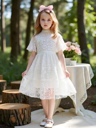 SHEIN 青少年女孩优雅蕾丝派对生日公主裙
