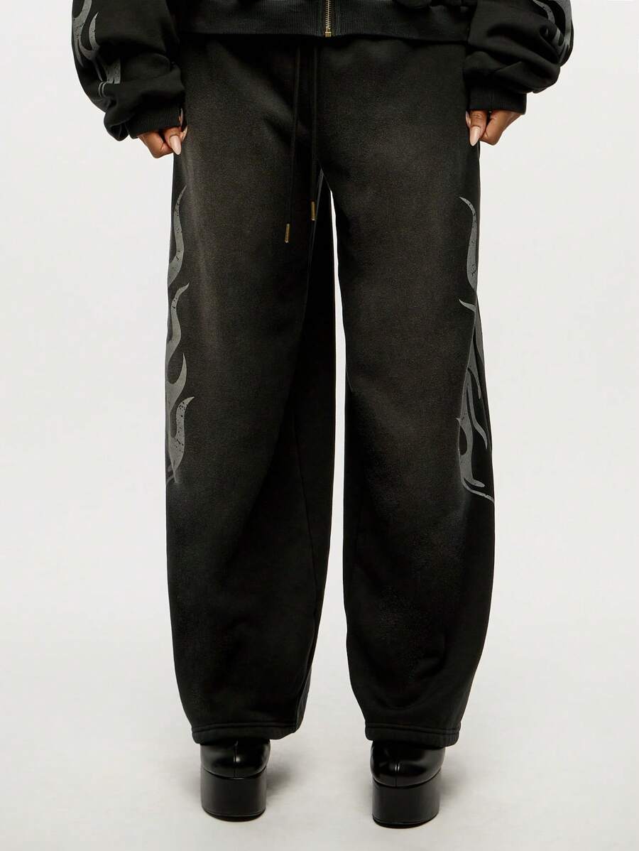 SUMWON WOMEN Oversized Gothic Flame Print Jogger Sweatpants Streetwear Athletic Loungewear Winter Fall Workout Track Pants With Drawstring Elastic Waist Wide Leg ComFort - Black - View 1