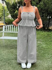 SHEIN EZwear Plus Size 2pcs Set: Casual Vacation Style Square Neck Striped Tie-Front Crop Top & High Waist Striped Wide Leg Pants, Spring/Summer