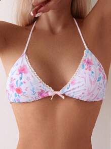 Swim Mod Women Floral Print Bowknot Halter Ruffle Bikini Top, Sweet Beach Style For Summer Beach Vacation - Multicolor - View 3
