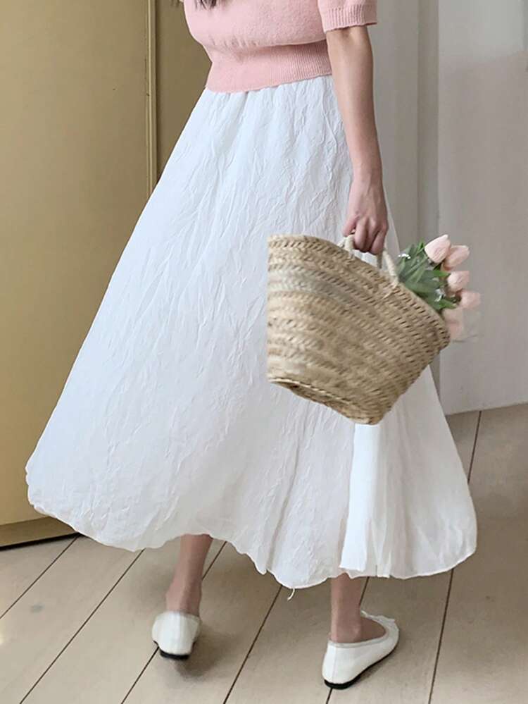 Women's Elastic Waist White Chiffon Skirt, Elegant For Spring And Summer