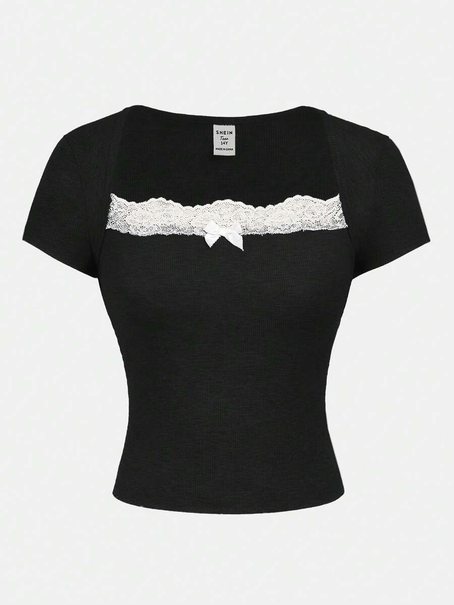 SHEIN Girlism Teen Girls' Black Contrast Collar And Lace Trim Fitted T-Shirt - Black - View 1