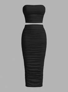 SHEIN Essnce 女士夏季休闲纯色褶皱露肩上衣外出上衣抹胸及膝修身裙套装机场装返校服装女式两件套抹胸套装秋季外出套装，3 件