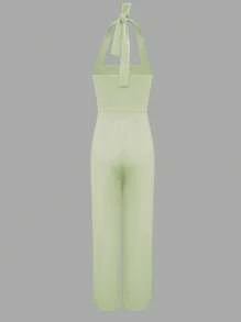 INAWLY Women's Summer Jumpsuit With Fold Detail Neck-Tie, 2025 - Mint Green - View 2