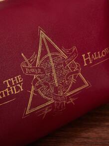 HARRY POTTER X SHEIN 1pc Harrypotter Deathly Hallows And Letter Pattern Large Capacity Makeup Bag, Gifts - Burgundy - View 2