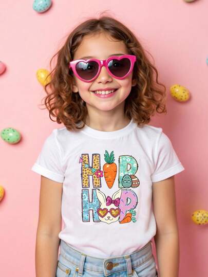 SHEIN Persoplay Kids Easter Young Girl Casual Fashion Creative Cartoon Holiday Glitter Cute Rabbit Pattern Letter Graphic Print Basic Short Sleeve Tee
