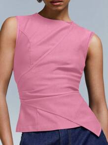 Athîral 女式简约纯色裹身褶皱修身背心，夏季 - 粉色 - 查看 3