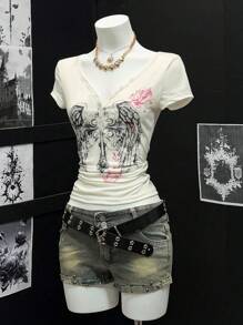 EgrlEra Women's Sheer Printed V-Neck Half-Placket Short Sleeve T-Shirt