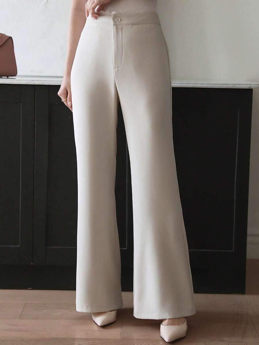 DAZY 女式蕾丝腰带喇叭裤，返校服装女式正装裤 - 米色 - 查看 1