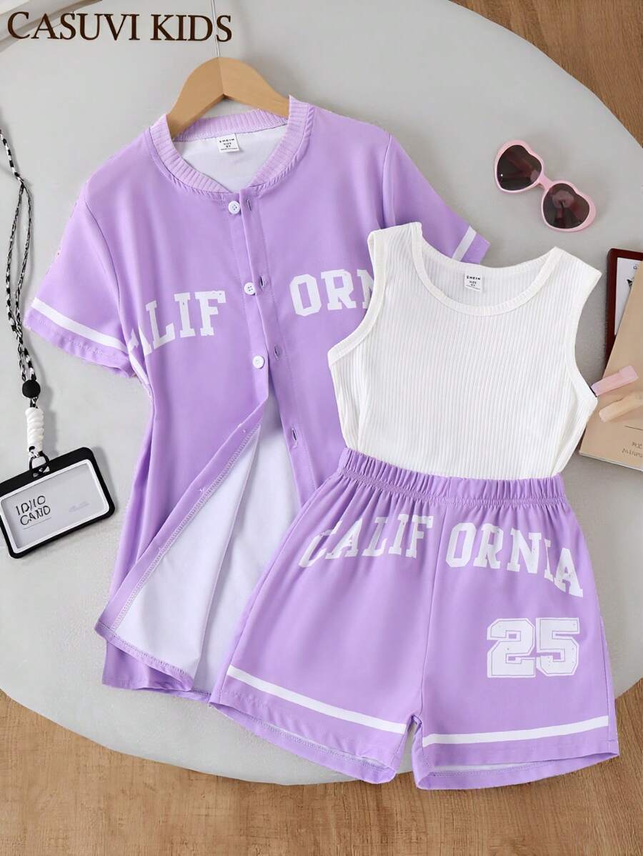 SHEIN Explorewe 少女字母圖形背心、短褲、襯衫套裝 - 彩色 - 查看 1