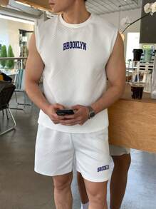 SHEIN Leap Crew 2pcs/Set Teen Boys Casual Wide Strap Tank Top And Shorts Set, Street/Punk/Rock/College Style For Daily Wear, Party, Music Festival. Suitable For Spring/Summer - White - View 7