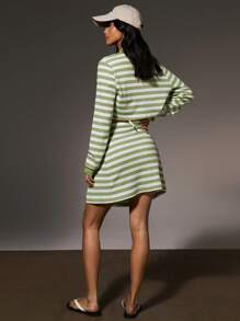 Athîral 女式条纹侧开衩下摆休闲迷你裙 - 綠色 - 查看 4