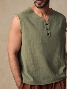 Manfinity VCAY Men's Casual Woven Fitted Half-Zip Patterned Sleeveless Tank Top, Suitable For Everyday Wear - Green - View 4