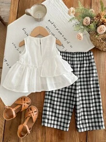 SHEIN LMoss Kids Baby Girls Fashionable Summer Plaid Print Pants And Embroidered Camisole 2pcs Set - Black - View 2