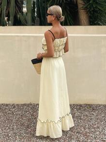 Livesso 2件套女士海滩度假风格印花套装，荷叶边