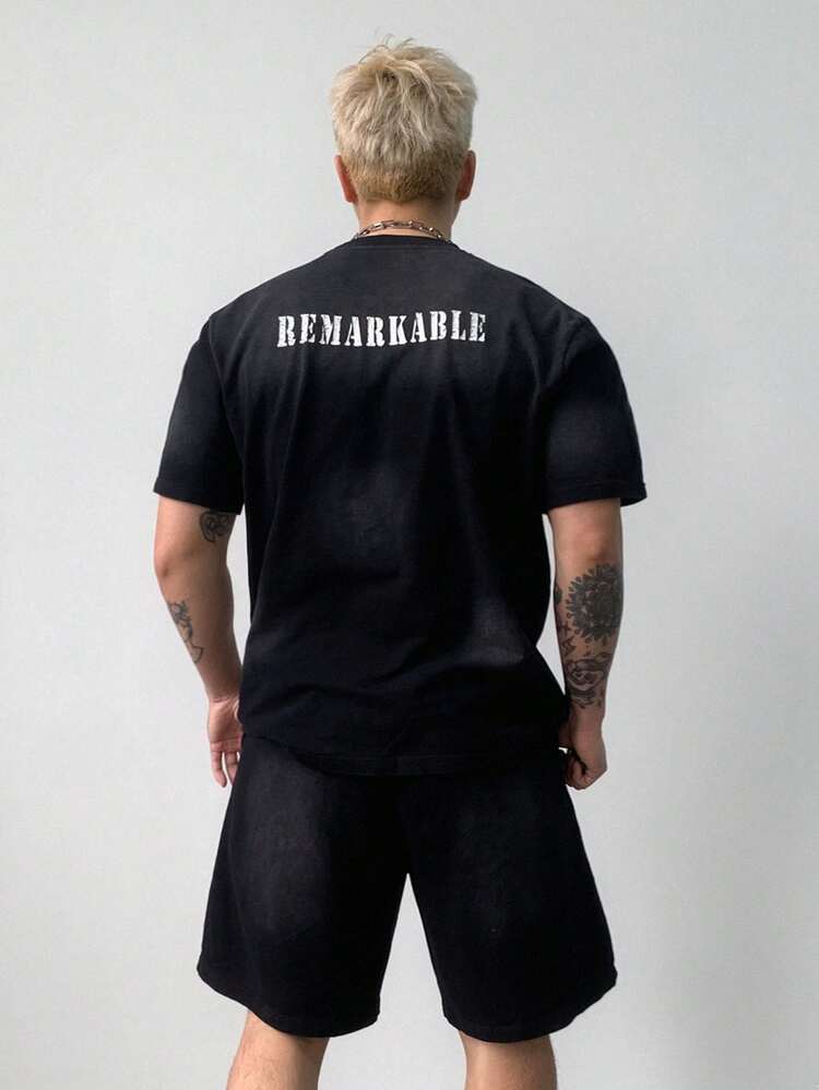 Summertime Letter Print Washed Black Edgy Design Men's T-Shirt Set