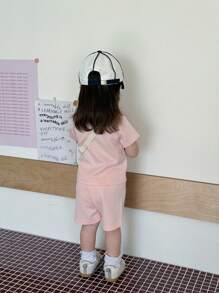 2pcs/Set Newborn/Infant Girls Spring/Summer Casual Cute Everyday Fun Air Layer Knit Short Sleeve T-Shirt & Shorts Set, Suitable For Lounging & Outings Baby Girl Casual Clothes Toddler Girl Clothes Summer Young Girls Sets Toddler Clothes Summer - Pink - View 2