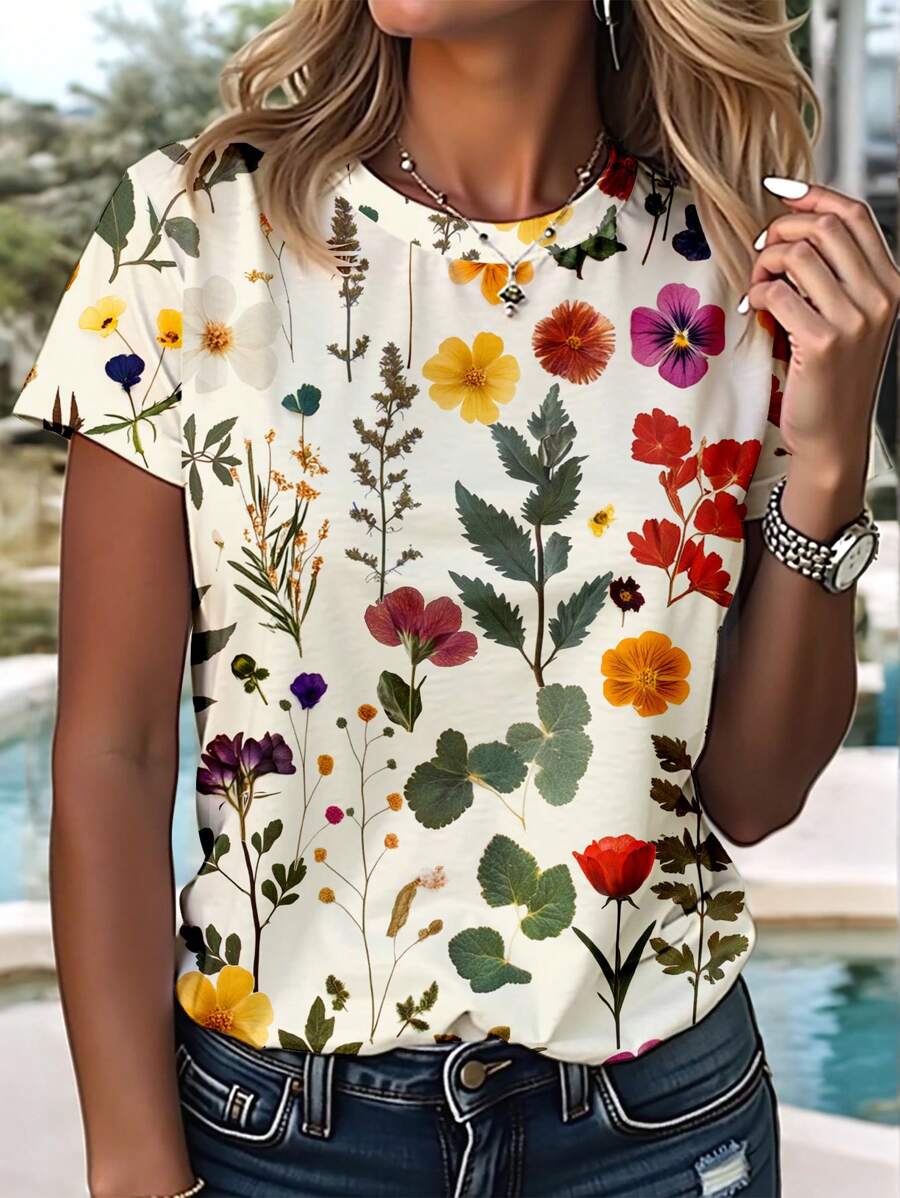 EMERY ROSE Camiseta casual, holgada y de manga corta con cuello redondo y estampado floral para mujer, versátil y minimalista - Multicolor - Ver 1