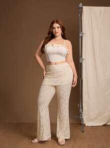 SHEIN MOD 大码卡其色高腰提花喇叭裤，休闲度假夏季下装，复古宫廷风 - 卡其色 - 查看 3