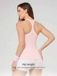 GLOWMODE Camiseta deportiva sin costuras y elástica con cuello en U y espalda de tirantes, de largo hasta la cadera, acanalada, para uso diario y casual, con copas extraíbles