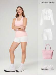 GLOWMODE Camiseta deportiva sin costuras y elástica con cuello en U y espalda de tirantes, de largo hasta la cadera, acanalada, para uso diario y casual, con copas extraíbles