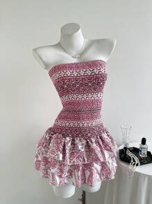 Elamini Women's Floral Print Ruffled Hem Tube Mini Vacation Dress - Pink - View 5