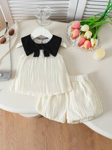 SHEIN Vintaside Kids Baby Girls' Sweet Colorblock Bow Collar Sleeveless Top And Cute Shorts 2Pcs Set, Suitable For Daily Wear, Outings