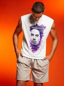 The Hunger Games X SHEIN Men's White Knitted Graphic Tank Top: Casual Round Neck Sleeveless Tee With Regular Hem And Print - White - View 5