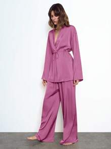 Maija 2 件套女士芥末色缎面纯色系带开衫毛衣和松紧腰带绳裤休闲睡衣套装，秋冬 - 紫色 - 查看 4