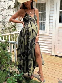SHEIN Maternity Random Printed Simple Daily Spaghetti Strap Dress For New Year Clothes - Army Green - View 4