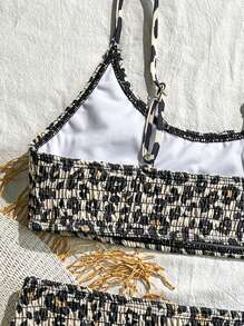 Teen Girl Cute Leopard Print Two Pieces Swimwear Set, Pleated Bikini Swimwear Set - Multicolor - View 3