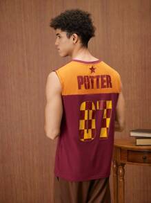 HARRY POTTER X SHEIN Men's Casual Loose Knit Gryffindor Logo Print Color Block Tank Top, Spring/Summer - Burgundy - View 6