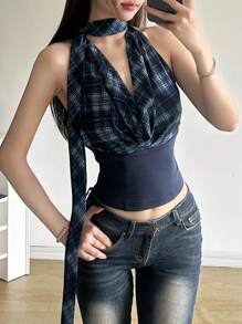 SHEIN EZwear Women's Fashionable Sexy Plaid Splicing Backless Halter Top, Summer - Blue - View 1