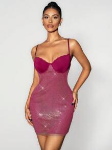 Sirith Vestido camisola slim fit para mujer con encaje de contraste y decoración de strass