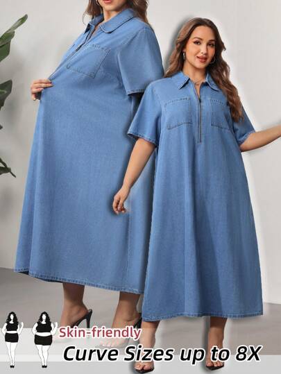 SHEIN CURVE+ 女式蓝色加大码连衣裙宽松衬衫裙轻盈牛仔布舒适百搭夏季服装，曲线加大，波西米亚度假风