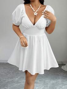 SHEIN Clasi Women Solid Color Lace Trim Woven Splice Plain Midi Dress - White - View 5