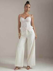 Hauture Lace Peplum Asymmetrical Hem Cami Strap Top - White - View 5
