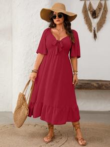 SHEIN Clasi Plus Size 3D Cut-Out Flare Hem Short Sleeve Dress - Red - View 8