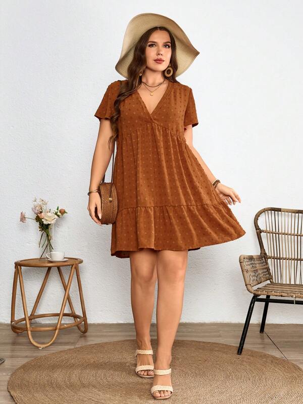 LanaWest Plus Size V-Neck Lotus Leaf Shoulder Short Sleeve Textured Fabric Romantic Dress Western Wear Elegant Boho Summer Women Outfit Beach Women Outfits Spring Dress Vacation Western Casual Style Women Dress