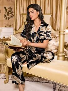 LuxeNights Floral Plant Pattern Short Sleeve Top & Long Pants Women Pajamas Set - Multicolor - View 4