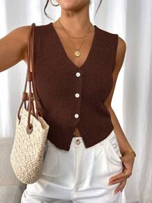 SHEIN Frenchy 女士纯色单纽扣 V 领休闲背心 - 咖啡棕 - 查看 6