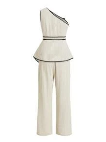 Gownix Women's New Fashion Elegant Stripes Asymmetrical Neck Top & Wide Leg Pants 2 Pieces Set - Multicolor - View 4